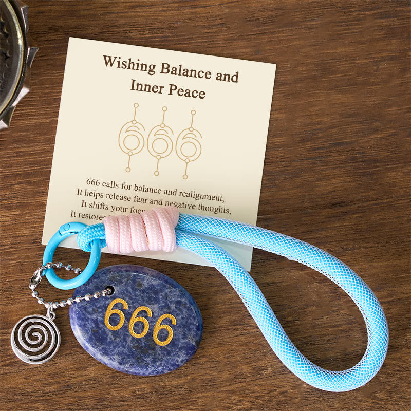 Buddha Stones "Wishing Balance and Inner Peace" 666 Angel Number Natural Sodalite Key Chain Hanging Decoration Includes Gift Message Card
