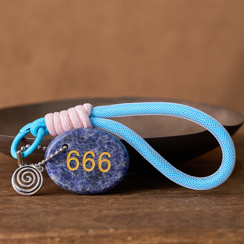 Buddha Stones "Wishing Balance and Inner Peace" 666 Angel Number Natural Sodalite Key Chain Hanging Decoration Includes Gift Message Card