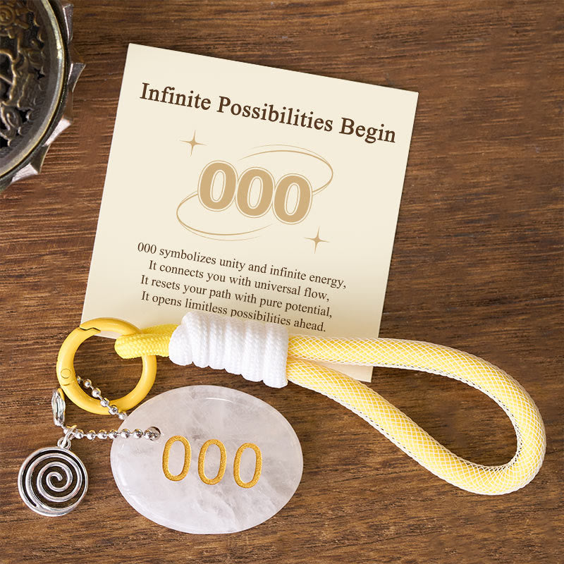 Buddha Stones "Infinite Possibilities Begin" 000 Angel Number Natural Clear Quartz Key Chain Hanging Decoration Includes Gift Message Card
