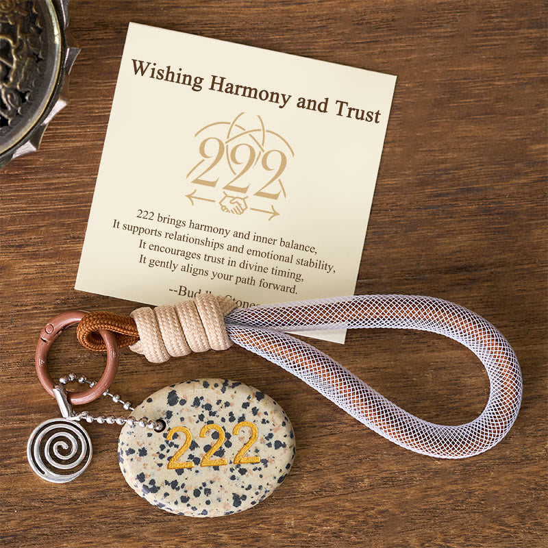 Buddha Stones "Wishing Harmony and Trust" 222 Angel Number Natural Dalmatian Jasper Key Chain Hanging Decoration Includes Gift Message Card