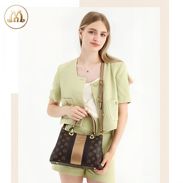 MINU Women’s Vintage Monogram Handbag, Contrast Strip Top‑Handle Shoulder Bag, Removable Crossbody Strap Purse