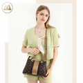 MINU Women’s Vintage Monogram Handbag, Contrast Strip Top‑Handle Shoulder Bag, Removable Crossbody Strap Purse