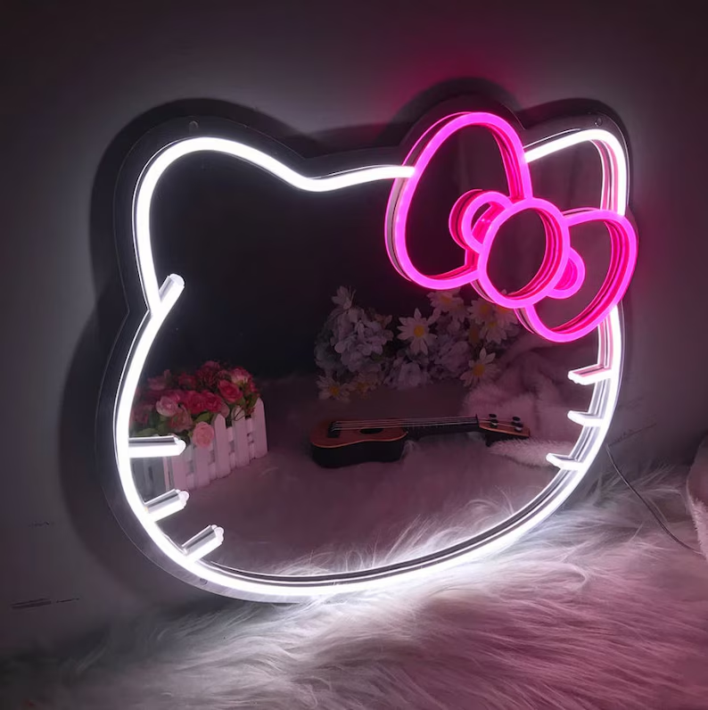 Kitty Neon Mirror Neon Sign Custom LED Light Cat Makeup Mirror Cute Girl Room Decor Wall Mirror Gift for Her