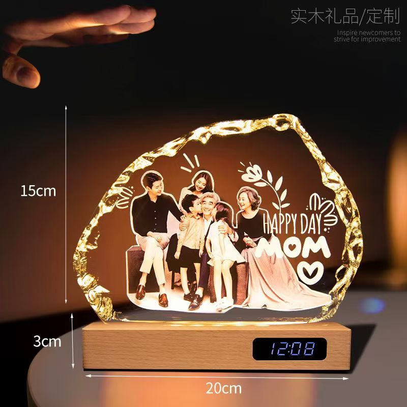 Personalized 3D Laser Engraved Crystal Photo Night Light, Custom Picture LED Lamp with Wooden Base, Memorial Keepsake Gift for Family, Couple & Pet
