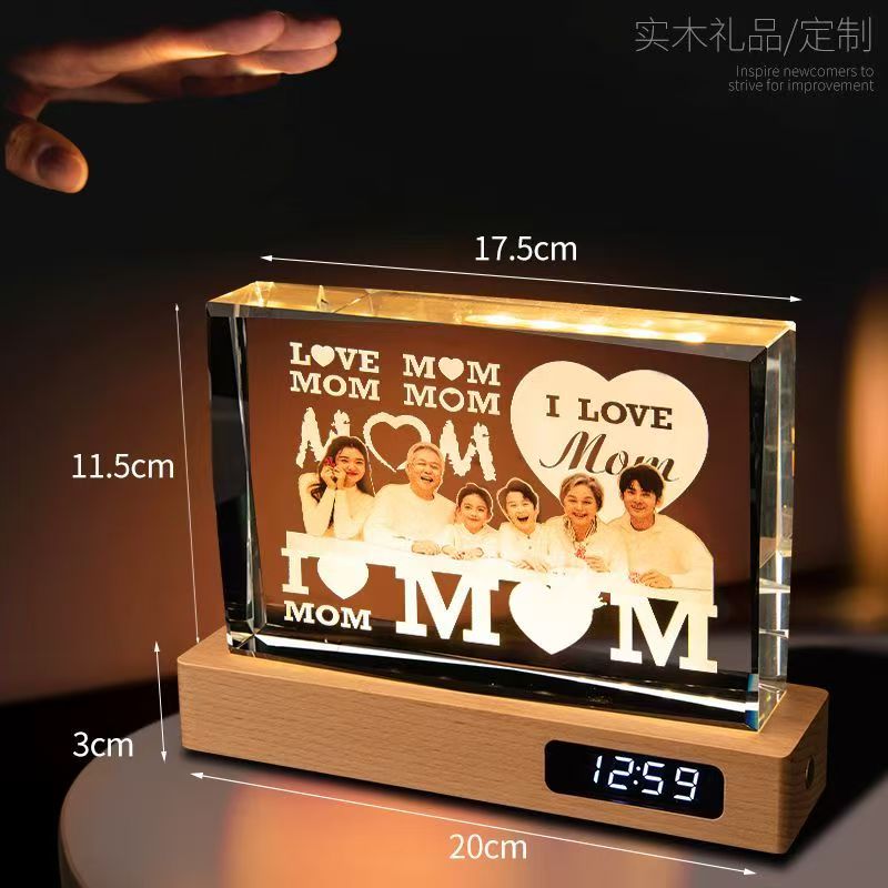 Personalized 3D Laser Engraved Crystal Photo Night Light, Custom Picture LED Lamp with Wooden Base, Memorial Keepsake Gift for Family, Couple & Pet