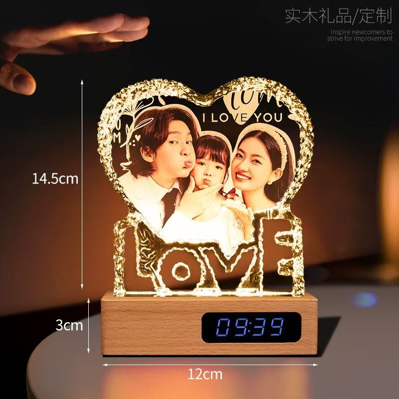 Personalized 3D Laser Engraved Crystal Photo Night Light, Custom Picture LED Lamp with Wooden Base, Memorial Keepsake Gift for Family, Couple & Pet