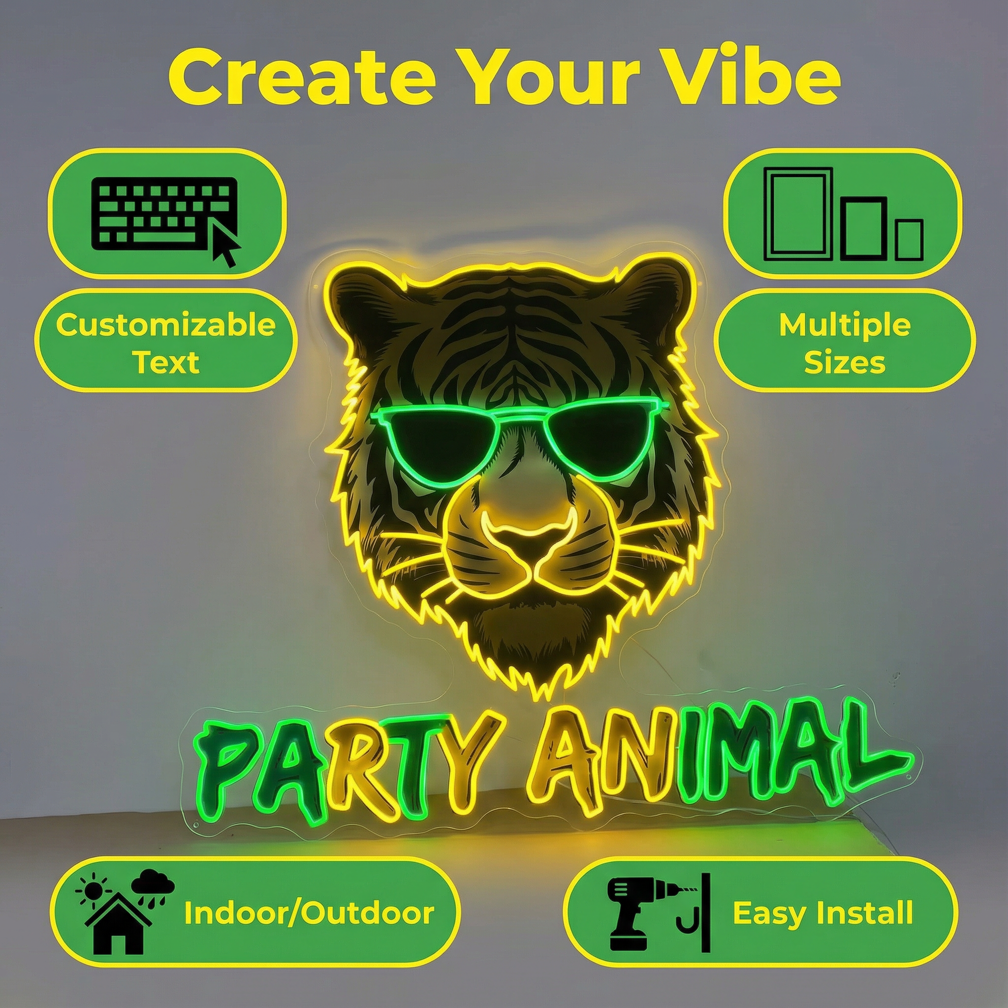 Custom “Party Animal” Tiger Neon Sign – Personalized LED Neon Light for Bar, Club & Home Decor