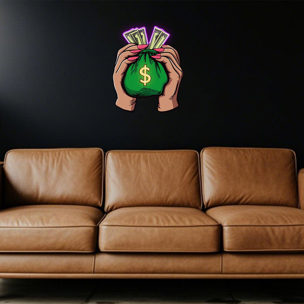 Large LED Neon Sign for Home Art, Hands Holding Money Bag & Dollar Design, Man Cave Neon Lights, Suitable for Bedroom, Home Office, Hotel, Cafe, and Recreation Room Wall Decor