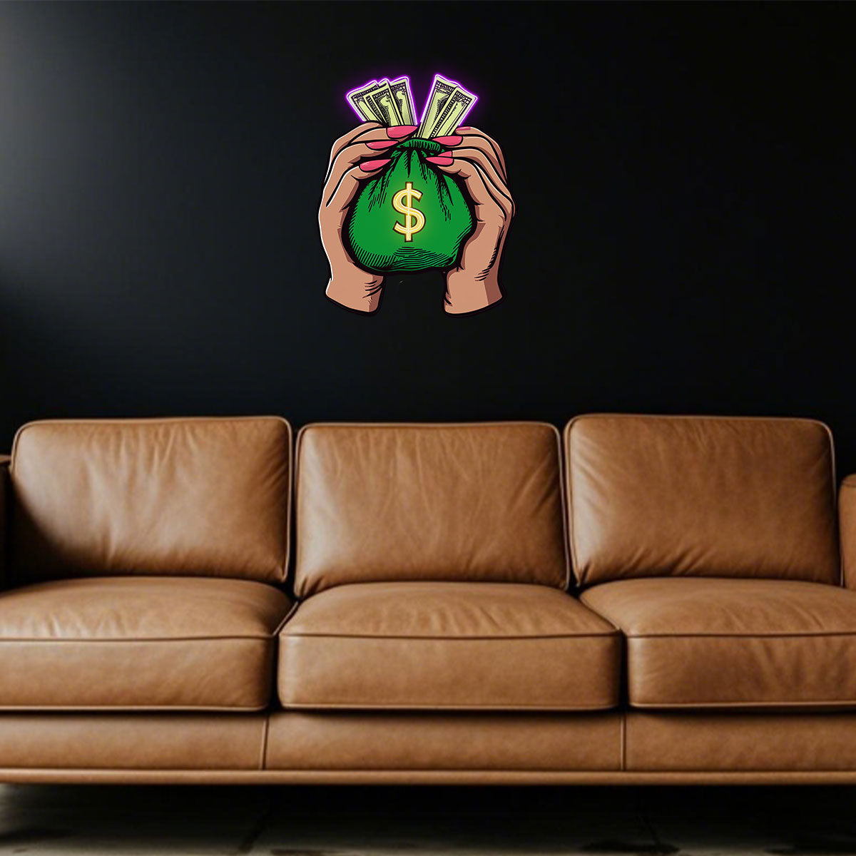 Large LED Neon Sign for Home Art, Hands Holding Money Bag & Dollar Design, Man Cave Neon Lights, Suitable for Bedroom, Home Office, Hotel, Cafe, and Recreation Room Wall Decor
