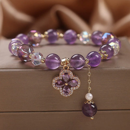 Buddha Stones "All the best for Calm and Wisdom" Amethyst Flower Bracelet Includes Gift Message Card