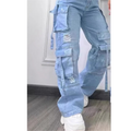 Distressed Multi‑Pocket Baggy Cargo Jeans, Streetwear Wide Leg Denim Pants With Side Strap Details