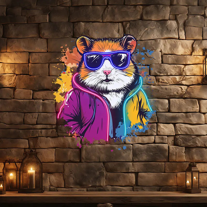 Cool Neon Hamster Art Poster, Funky Hamster with Sunglasses & Neon Jacket, Trendy Animal Wall Decor Light for Kids Room & Lounge