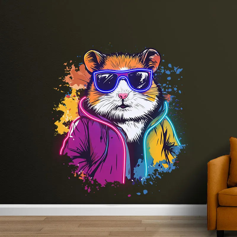 Cool Neon Hamster Art Poster, Funky Hamster with Sunglasses & Neon Jacket, Trendy Animal Wall Decor Light for Kids Room & Lounge