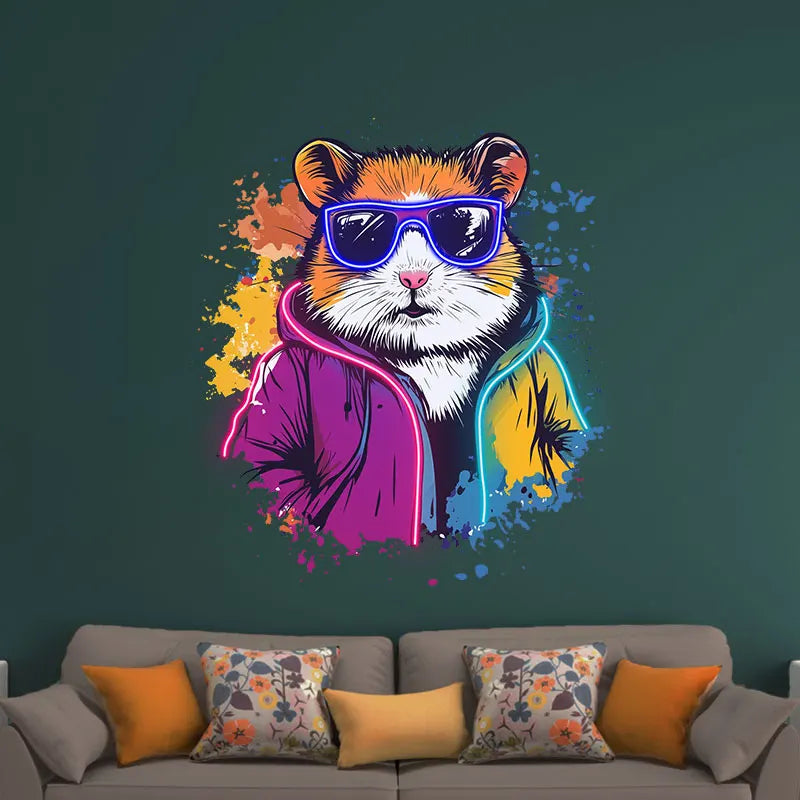 Cool Neon Hamster Art Poster, Funky Hamster with Sunglasses & Neon Jacket, Trendy Animal Wall Decor Light for Kids Room & Lounge