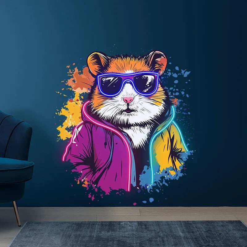 Cool Neon Hamster Art Poster, Funky Hamster with Sunglasses & Neon Jacket, Trendy Animal Wall Decor Light for Kids Room & Lounge
