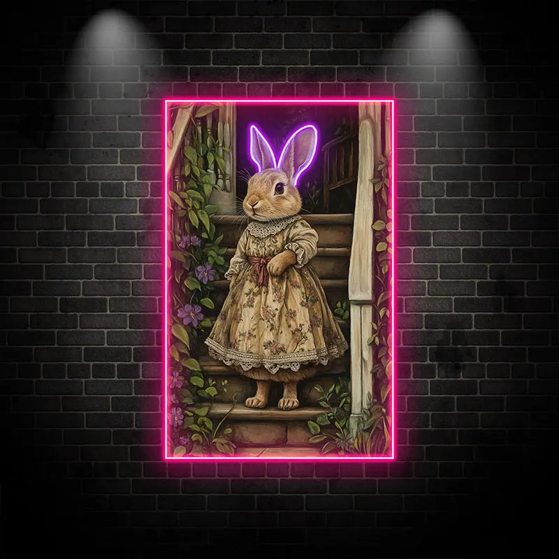 Toysign Vintage Style Rabbit Wall Art Neon Light, Cute Animal Poster for Kids Room Decor, Floral Dress Design, Perfect Gift