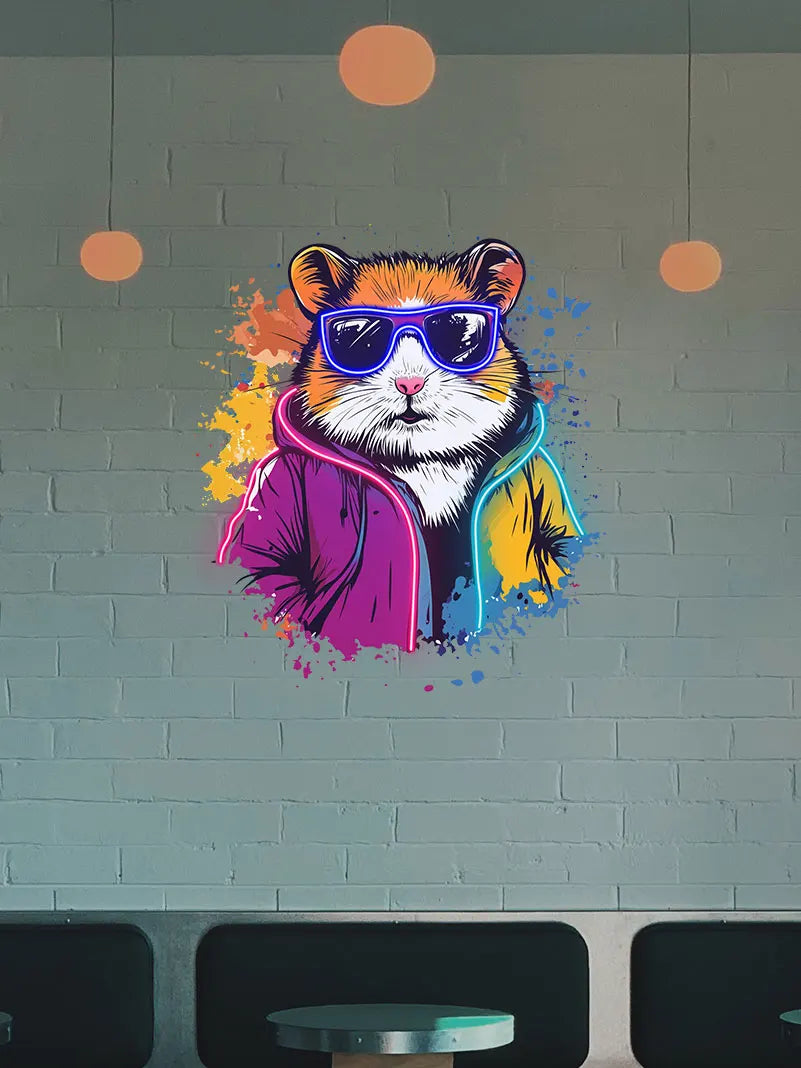 Cool Neon Hamster Art Poster, Funky Hamster with Sunglasses & Neon Jacket, Trendy Animal Wall Decor Light for Kids Room & Lounge