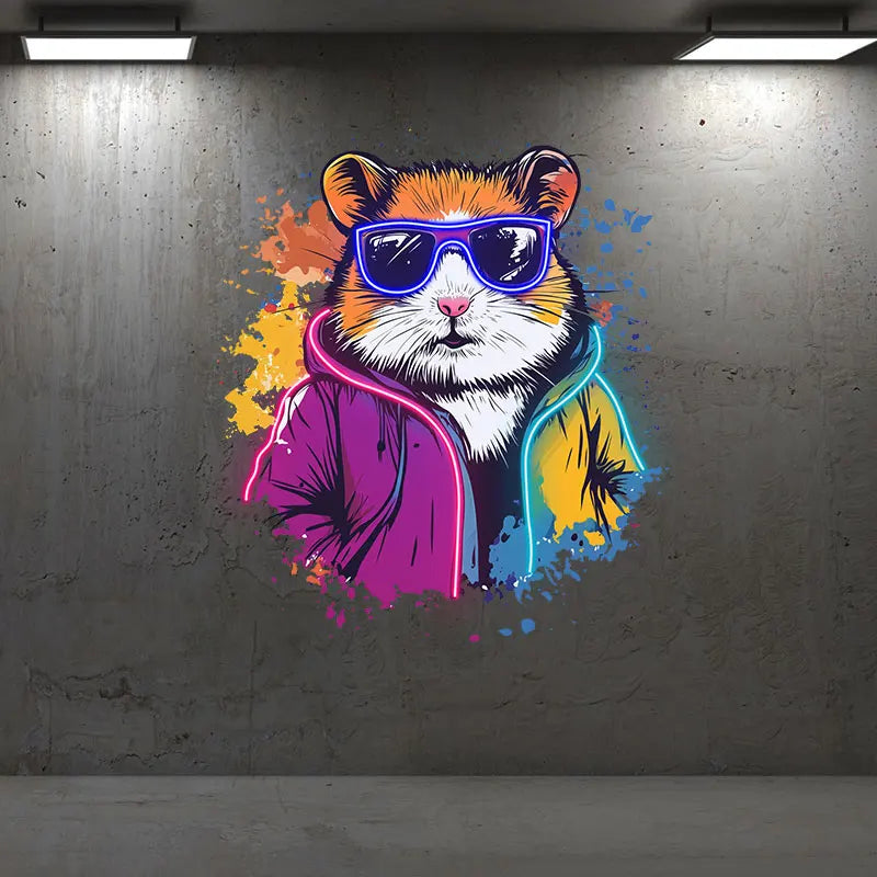 Cool Neon Hamster Art Poster, Funky Hamster with Sunglasses & Neon Jacket, Trendy Animal Wall Decor Light for Kids Room & Lounge