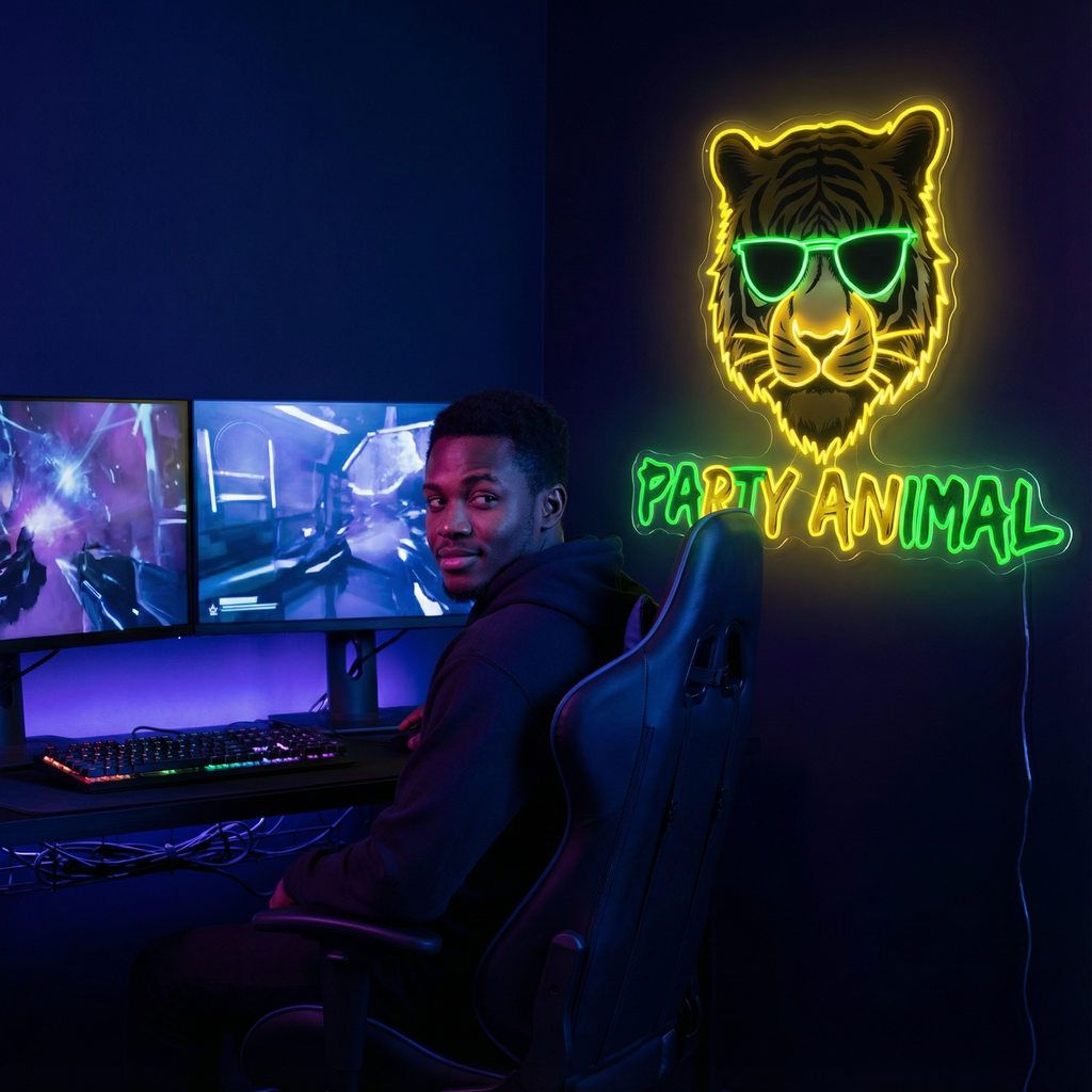 Custom “Party Animal” Tiger Neon Sign – Personalized LED Neon Light for Bar, Club & Home Decor
