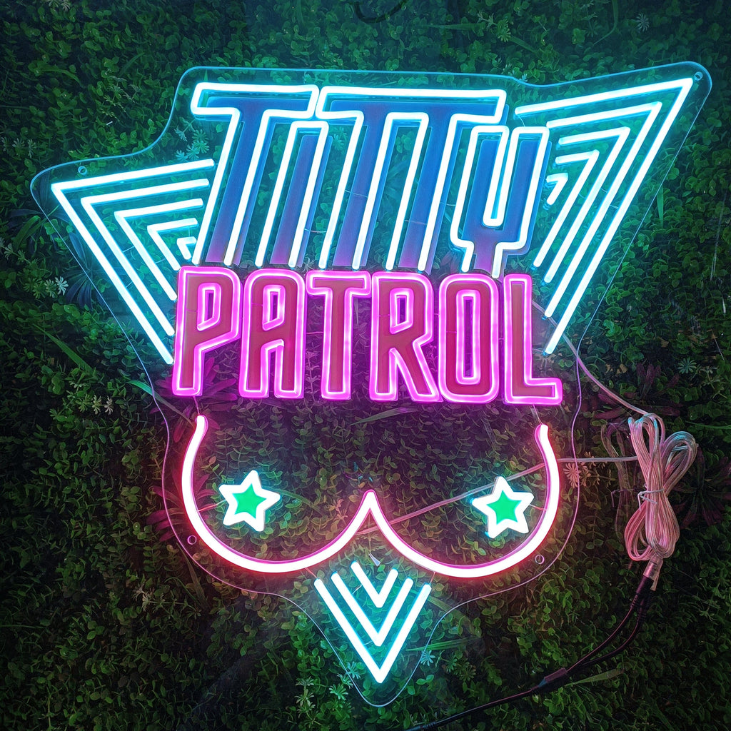 Custom Design USB - Powered LED Neon Sign with 3D Carving for Home and Commercial Decor, ‘TITTY PATROL’ Text, Bra and Star Symbols