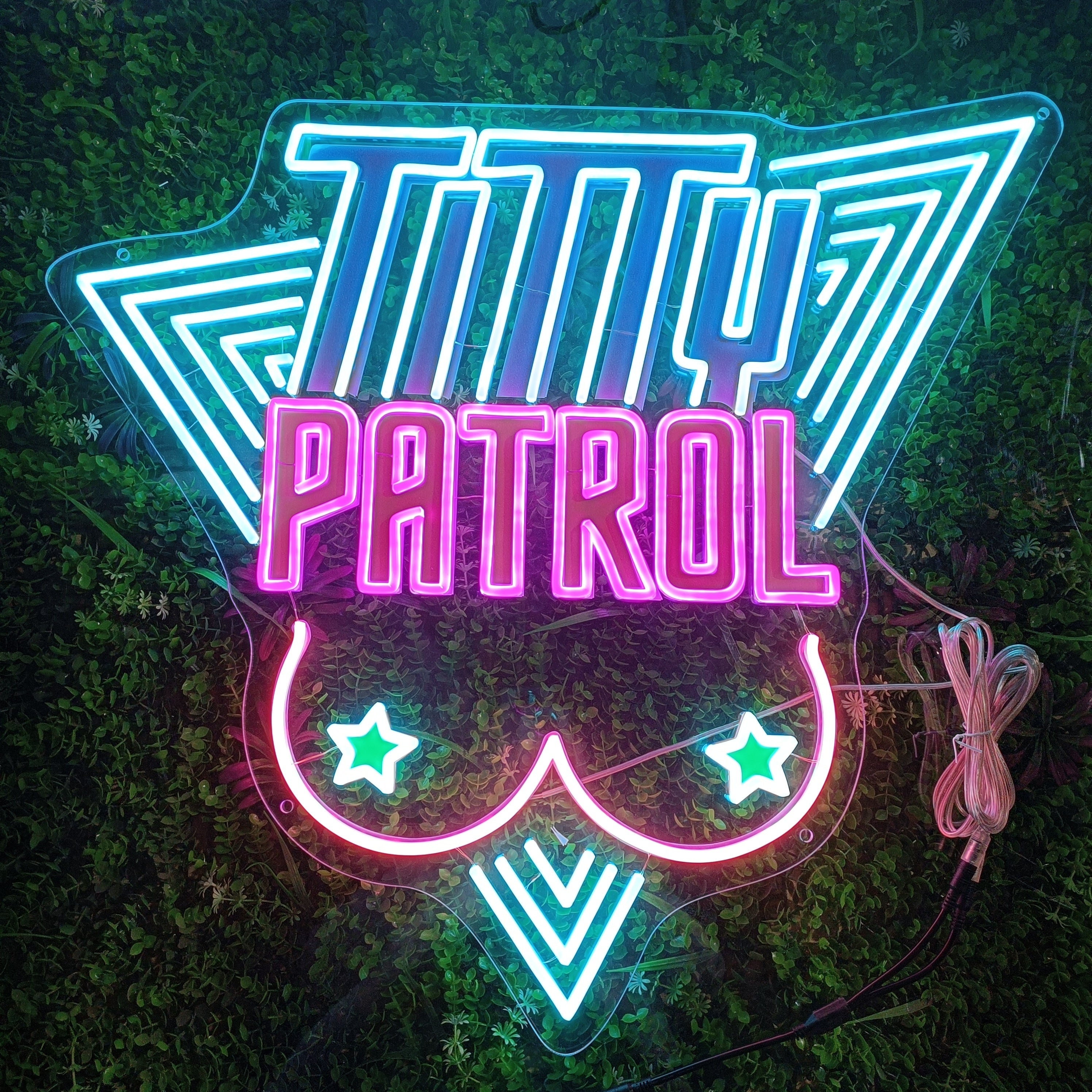 Custom Design USB - Powered LED Neon Sign with 3D Carving for Home and Commercial Decor, ‘TITTY PATROL’ Text, Bra and Star Symbols