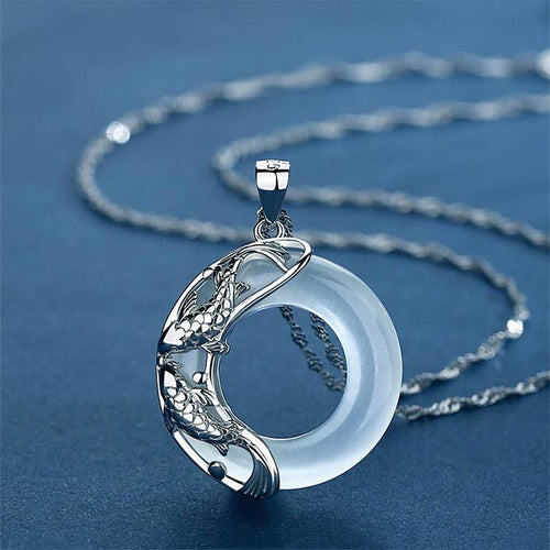 Buddha Stones "Wishing Luck and Prosperity" White Jade Koi Fish Necklace Includes Gift Message Card