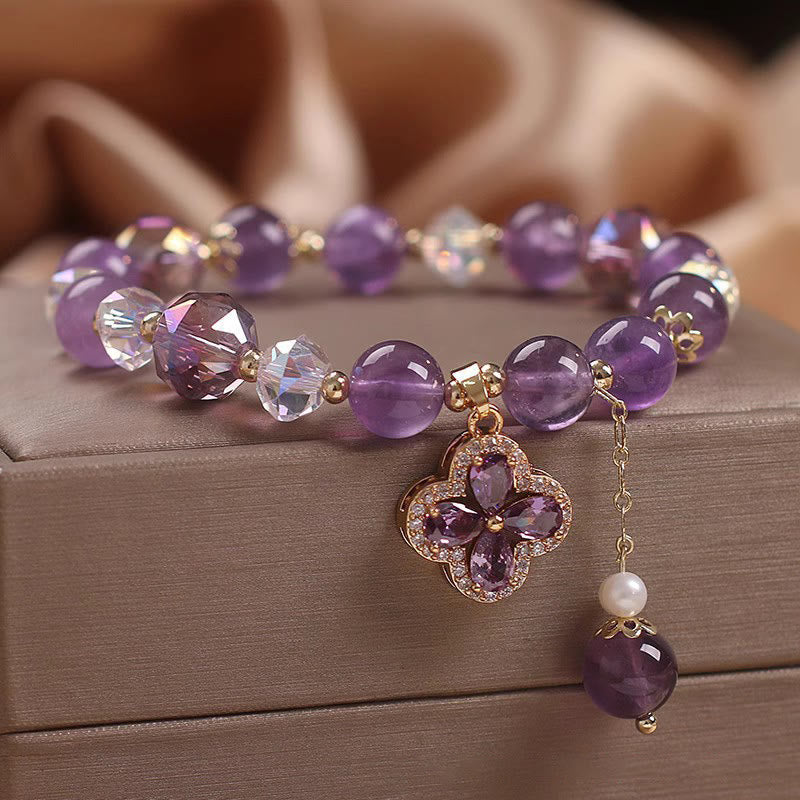 Buddha Stones "All the best for Calm and Wisdom" Amethyst Flower Bracelet Includes Gift Message Card