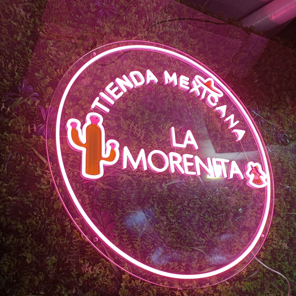 Custom Design USB - Powered LED Neon Sign for Home Decor, 3D Carving Wall Art, “TIENDA MEXICANA LA MORENITA” Text, Cactus and Girl Symbols