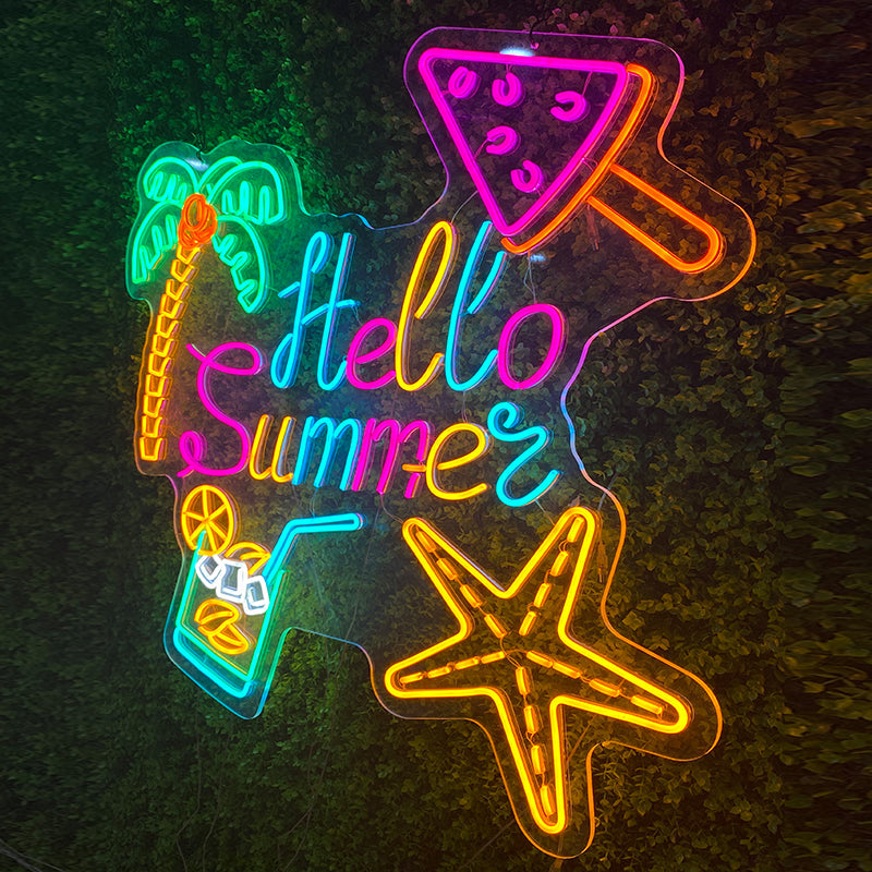Hello Summer Neon Sign - Vibrant Multicolor LED Light for Tropical Vibes, Eye-Catching Wall Decor for Parties, Beach Houses & Summer Rooms