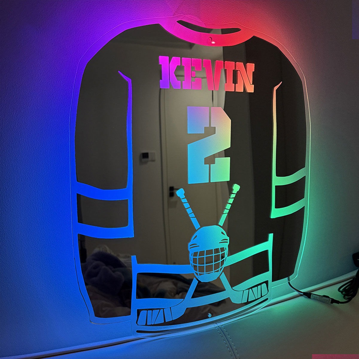 Personalized Ice Hockey Jersey Mirror - Custom Illuminated Name Mirror Sign - Cool Bedroom Decoration or Party Decoration for Sports Lover