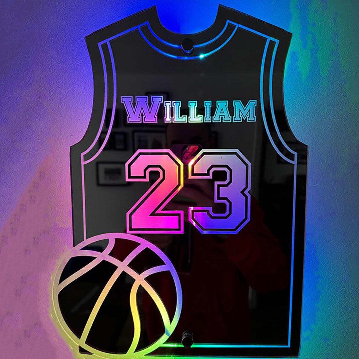Personalized Basketball Jersey Mirror - Custom Illuminated Name Mirror Sign - Cool Bedroom Decoration or Party Decoration for Sports Lover