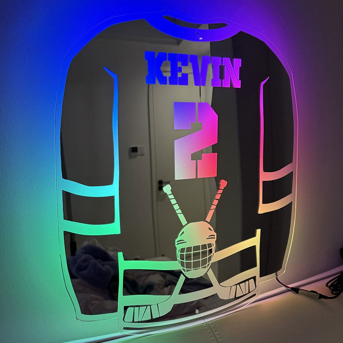 Personalized Ice Hockey Jersey Mirror - Custom Illuminated Name Mirror Sign - Cool Bedroom Decoration or Party Decoration for Sports Lover