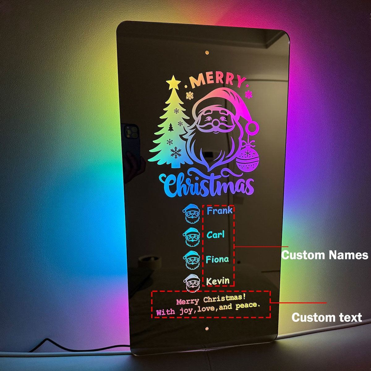 Personalized Name LED Neon Sign Mirror - Santa Claus Style- Christmas Gift for Boys and Girls
