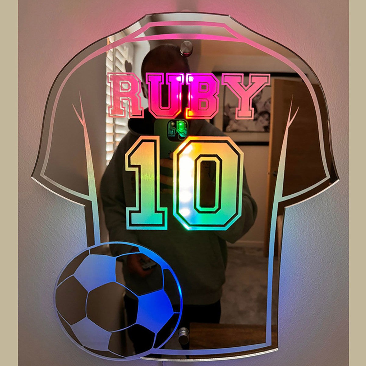 Personalized Football Jersey Jersey Mirror Sign with Jersey Number- Custom Illuminated Name Mirror Sign - Cool Bedroom Decoration or Party Decoration for Sports Lover