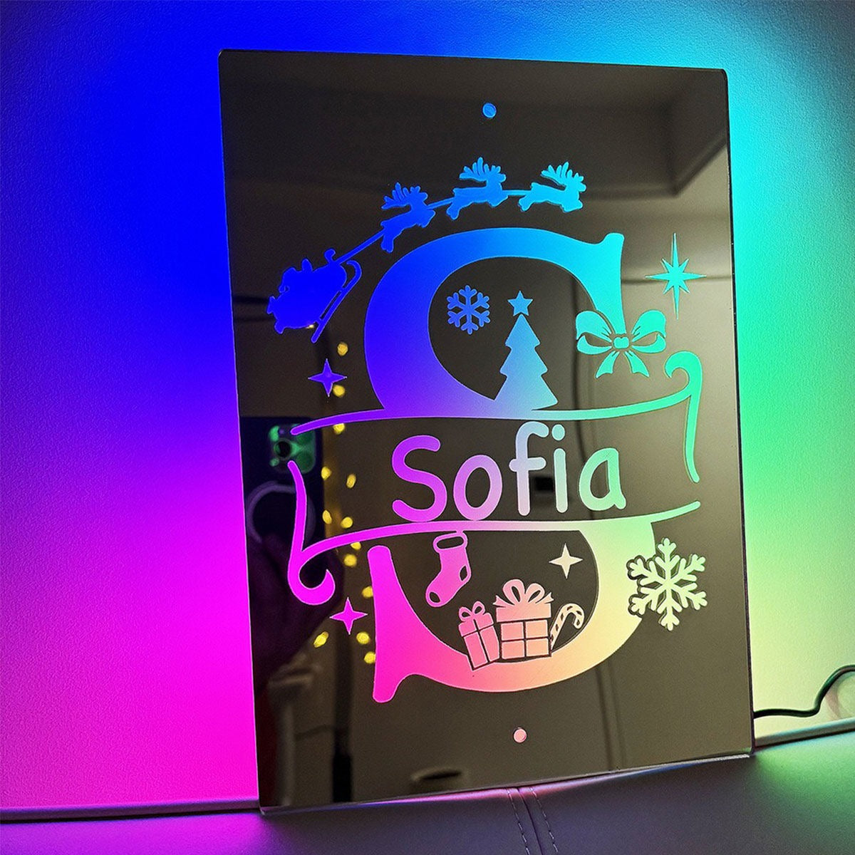 Personalized Name LED Neon Sign Mirror with Uppercase Letter - Christmas-themed Mirror Signs