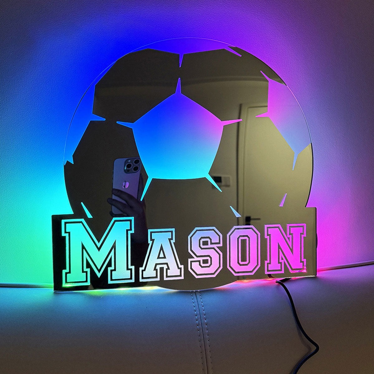 Personalized Football Style Name Mirror Sign - Custom Illuminated Name Mirror Sign - Cool Bedroom Decoration or Party Decoration for Sports Lover