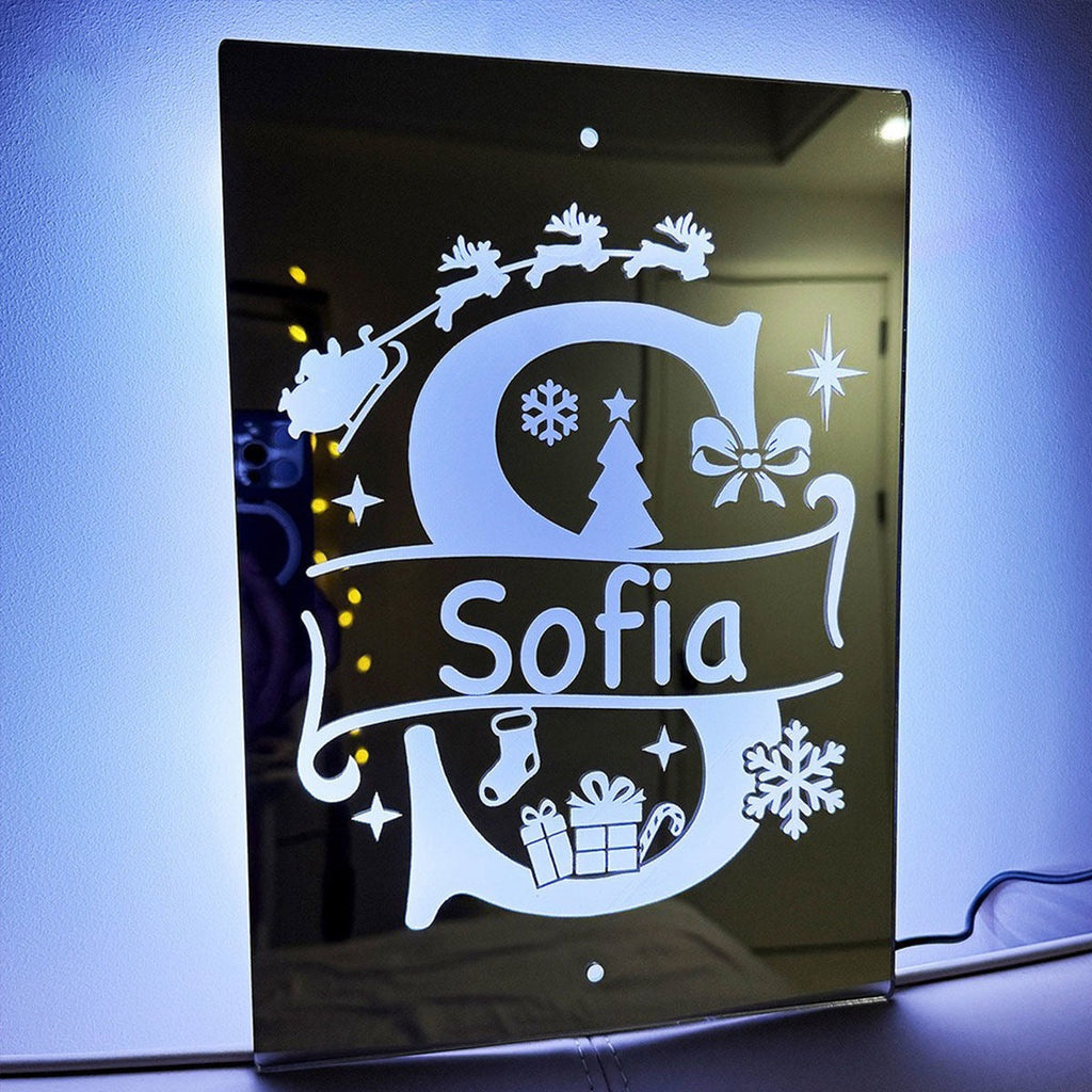 Personalized Name LED Neon Sign Mirror with Uppercase Letter - Christmas-themed Mirror Signs