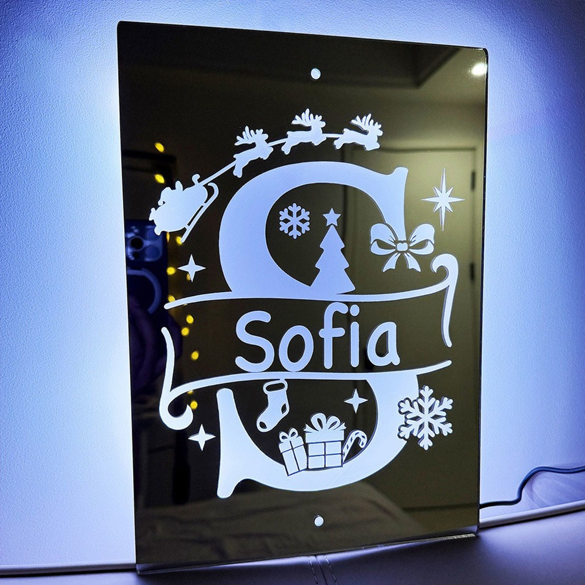 Personalized Name LED Neon Sign Mirror with Uppercase Letter - Christmas-themed Mirror Signs