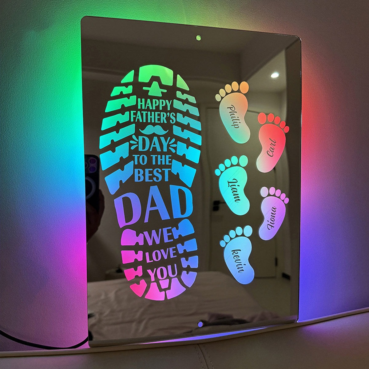 Personalized Name LED Mirror Sign with Feet - Happy Father's Day Mirror - Custom Illuminated Name Mirror Sign - Cool Bedroom Decoration for Father's Day - Best Gifts to Dad