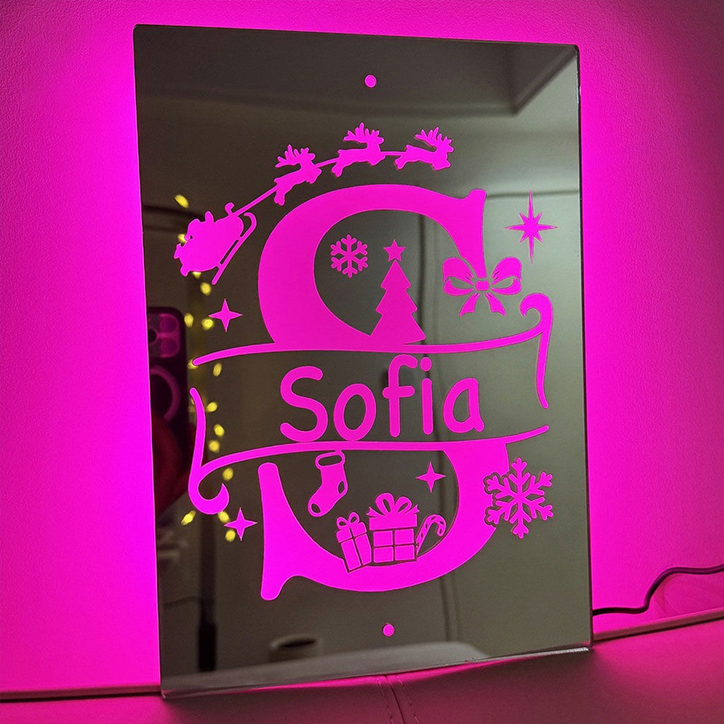 Personalized Name LED Neon Sign Mirror with Uppercase Letter - Christmas-themed Mirror Signs
