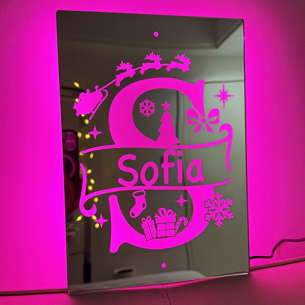 Personalized Name LED Neon Sign Mirror with Uppercase Letter - Christmas-themed Mirror Signs