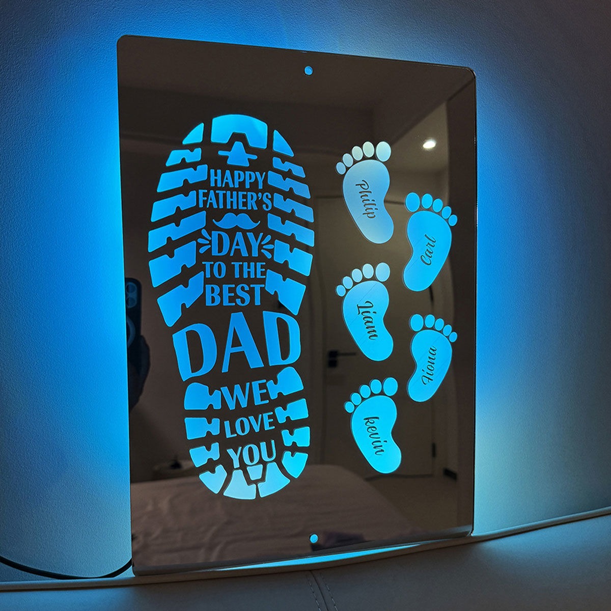 Personalized Name LED Mirror Sign with Feet - Happy Father's Day Mirror - Custom Illuminated Name Mirror Sign - Cool Bedroom Decoration for Father's Day - Best Gifts to Dad