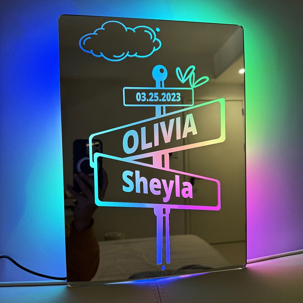 Custom Road Signs Mirror Light - Custom Mirror Sign with Couple Names and Date