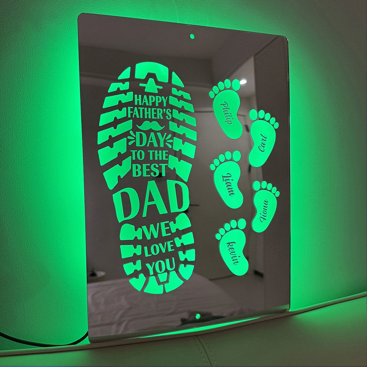 Personalized Name LED Mirror Sign with Feet - Happy Father's Day Mirror - Custom Illuminated Name Mirror Sign - Cool Bedroom Decoration for Father's Day - Best Gifts to Dad