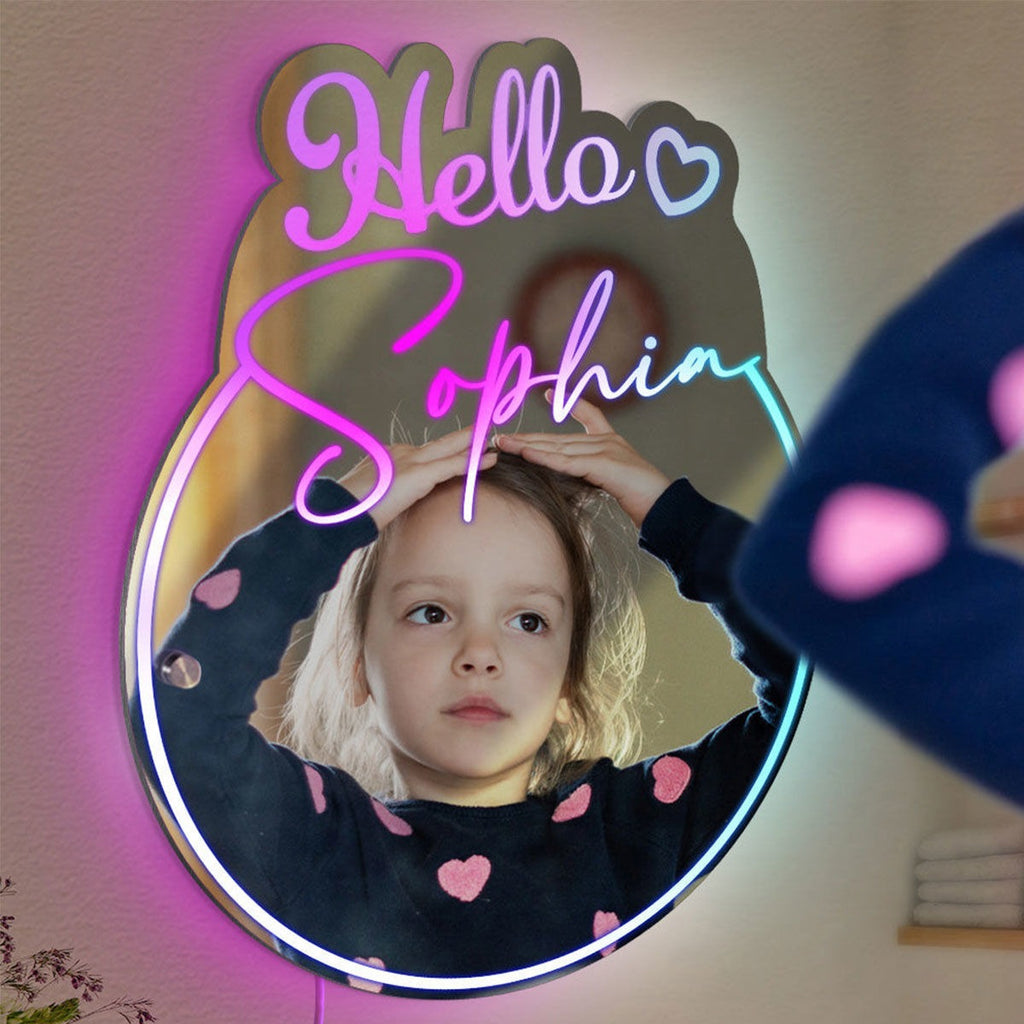 Personalized Round Names Mirror Sign with Hello - Cool Bedroom Decoration or Party Decoration for Girls