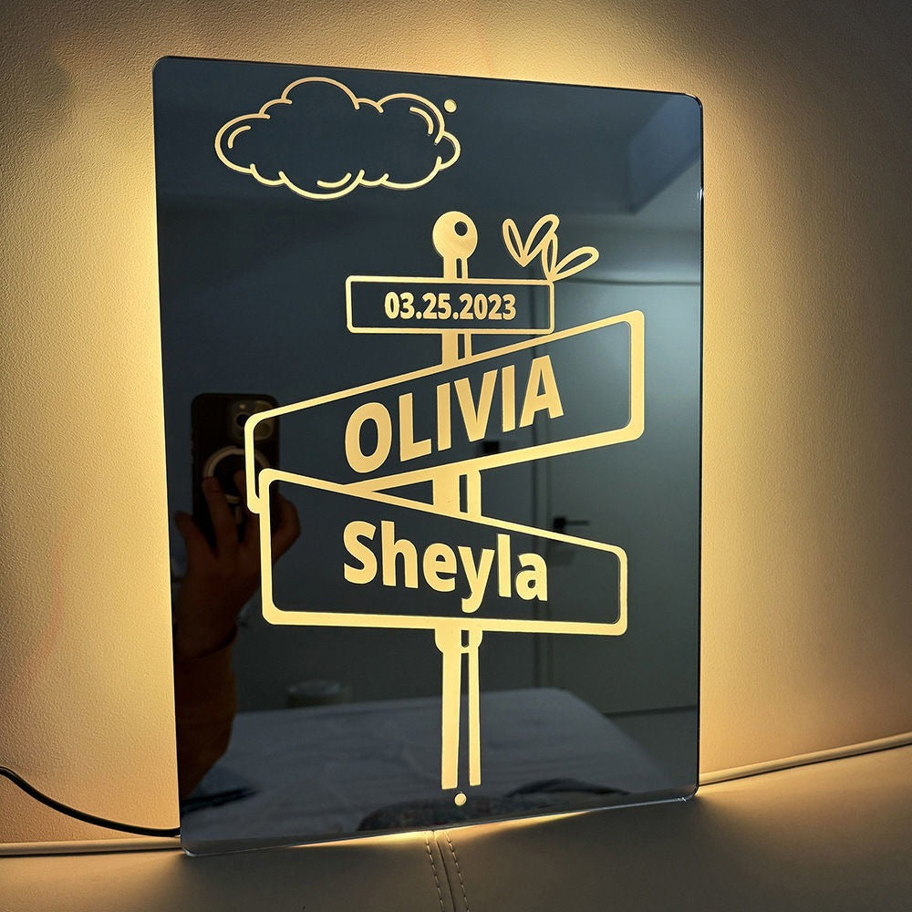 Custom Road Signs Mirror Light - Custom Mirror Sign with Couple Names and Date
