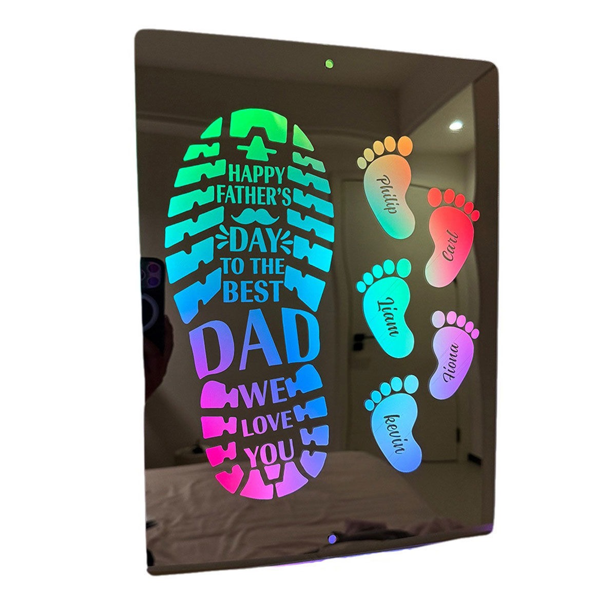 Personalized Name LED Mirror Sign with Feet - Happy Father's Day Mirror - Custom Illuminated Name Mirror Sign - Cool Bedroom Decoration for Father's Day - Best Gifts to Dad