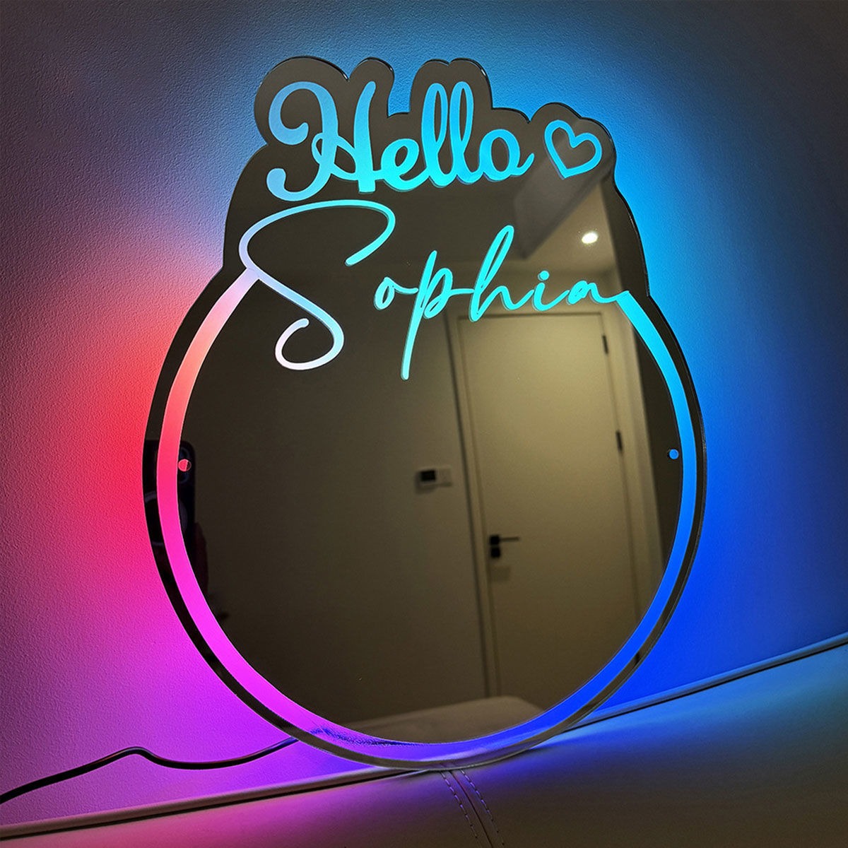 Personalized Round Names Mirror Sign with Hello - Cool Bedroom Decoration or Party Decoration for Girls