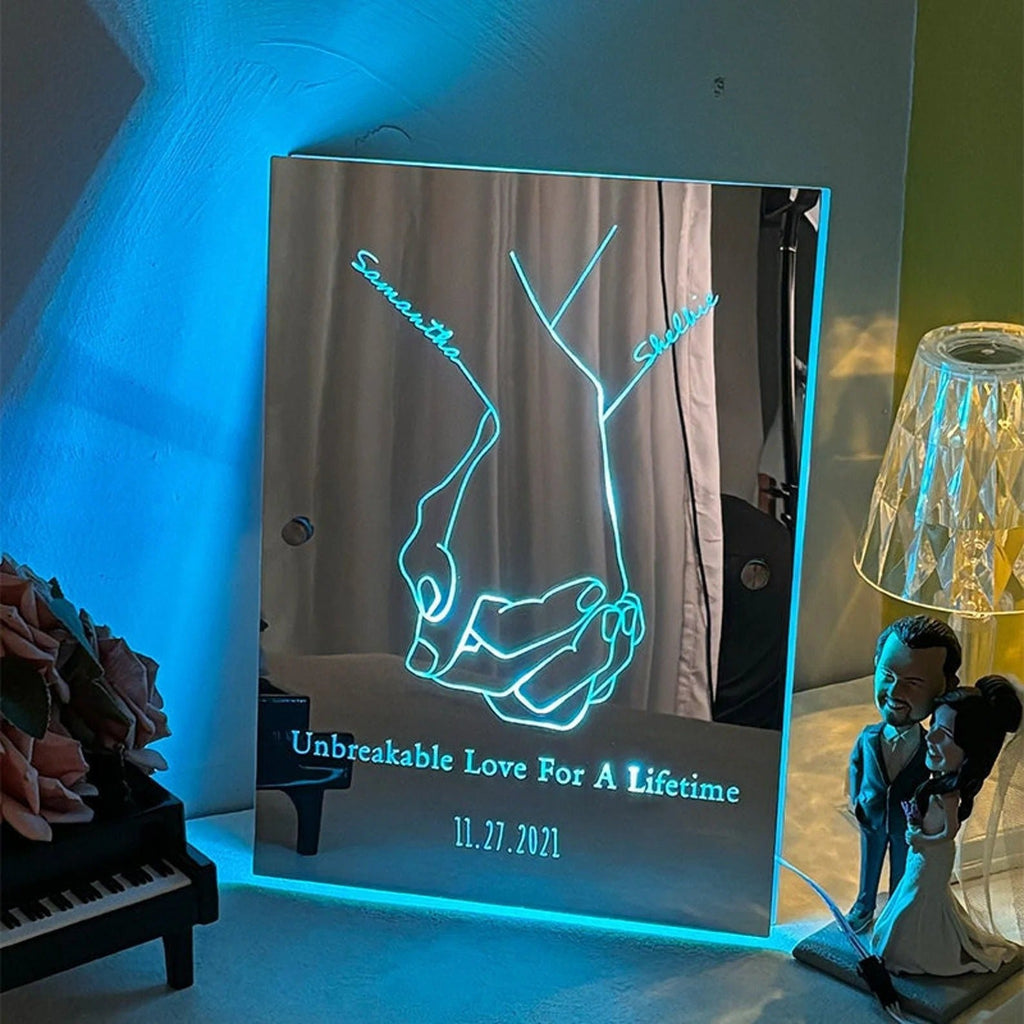 Personalized Holding Hands Mirror Sign - Personalized Mirror Sign with Couple Names - Custom Mirror Night Light - Wall Decor - Best Wedding Gift, Birthday Gift for Couples