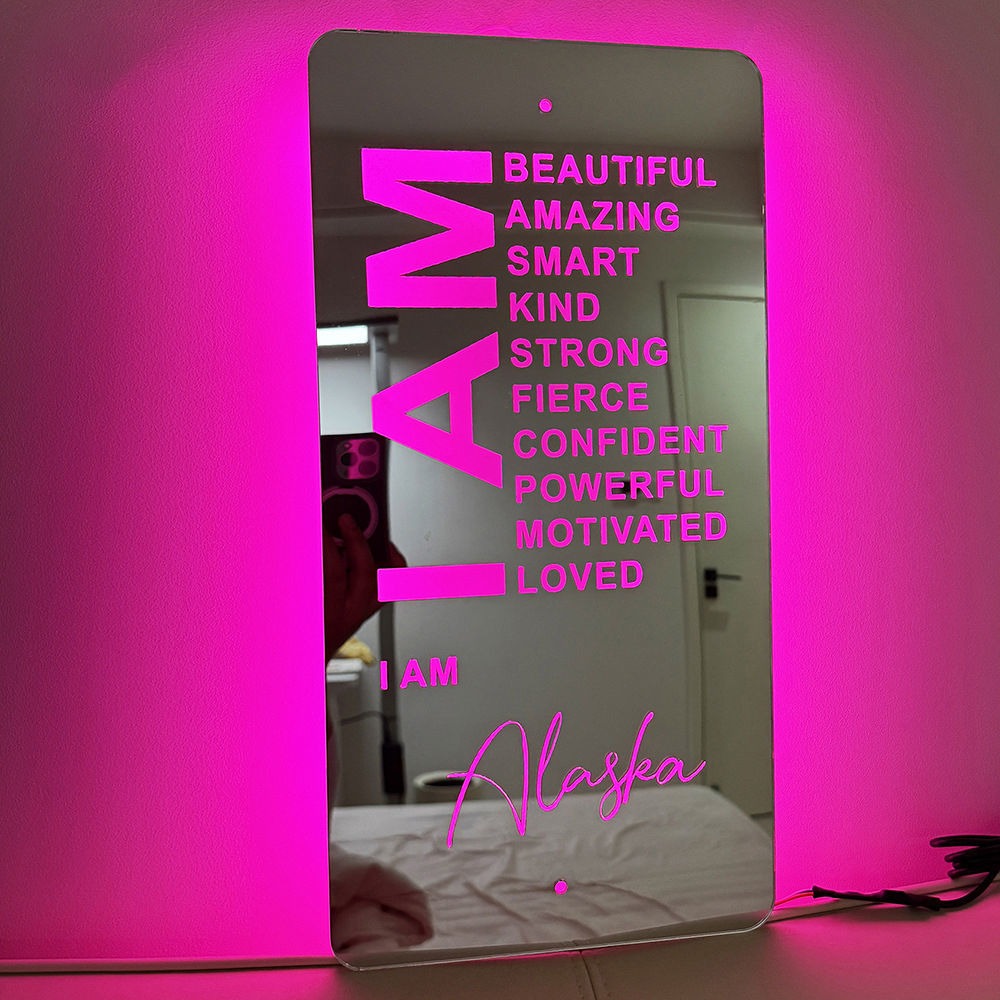 Personalized Name LED Neon Sign Mirror - Customized Illuminated Name Mirror - Personalized Affirmation Mirror - Wall Art Light Up Mirror - Best Birthday, Anniversary & Christmas Gift for Family and Friends